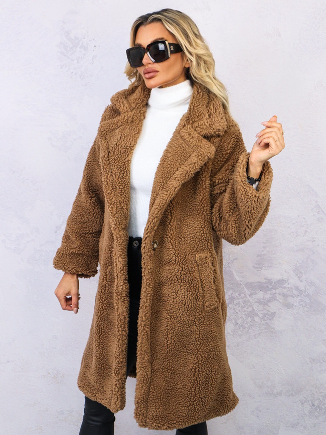 CIEMNOBRĄZOWY PLUSZOWY PŁASZCZ Z KOŁNIERZEM