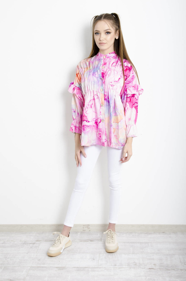 KOSZULA MARMURKOWA Z FALBANAMI NA RĘKAWACH - JASNO RÓŻOWA