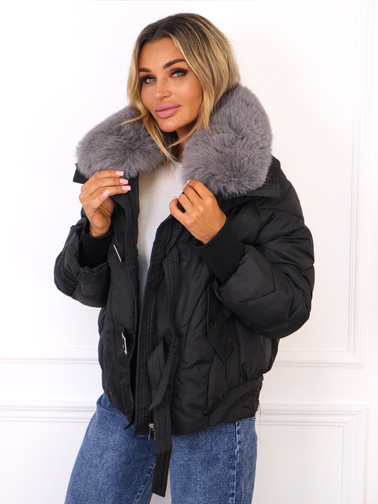 KURTKA Z FUTERKIEM NA KOŁNIERZU- CZARNA