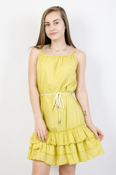 ŻÓŁTA SUKIENKA Z FALBANĄ NA DOLE PRZEPLATANA PASKIEM