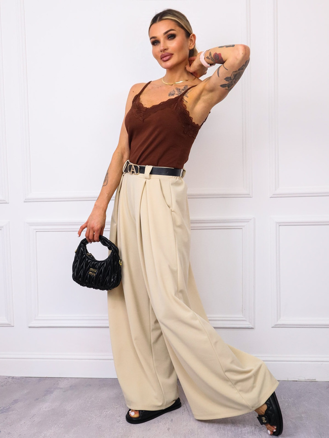 SPODNIE MATERIAŁOWE Z SZEROKIMI NOGAWKAMI+ PASEK- JASNO BEŻOWE