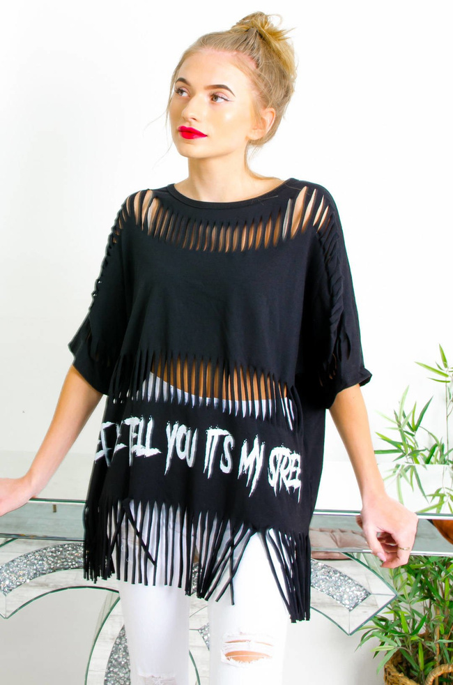 CZARNY BAWEŁNIANY T-SHIRT Z FRĘDZLAMI