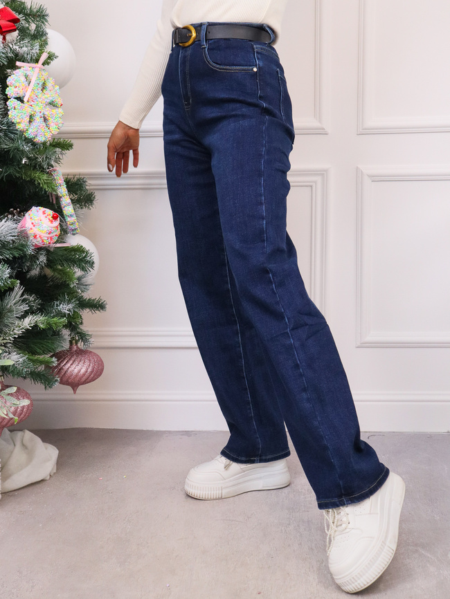 SPODNIE JEANSOWE O PROSTYM KROJU I WYSOKIM STANEM+ PASEK GRATIS- GRANATOWE