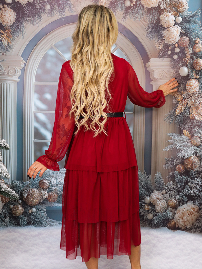 SUKIENKA MIDI Z KOPERTOWYM DEKOLTEM WIĄZANA W PASIE- CZERWONA