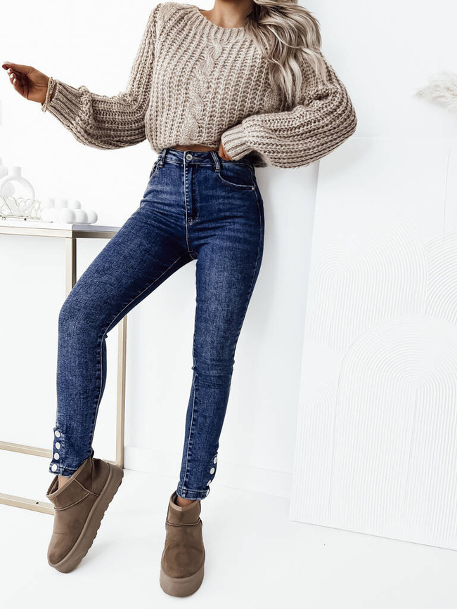 CIEMNE JEANSY Z GUZIKAMI PRZY NOGAWCE- WYSOKI STAN