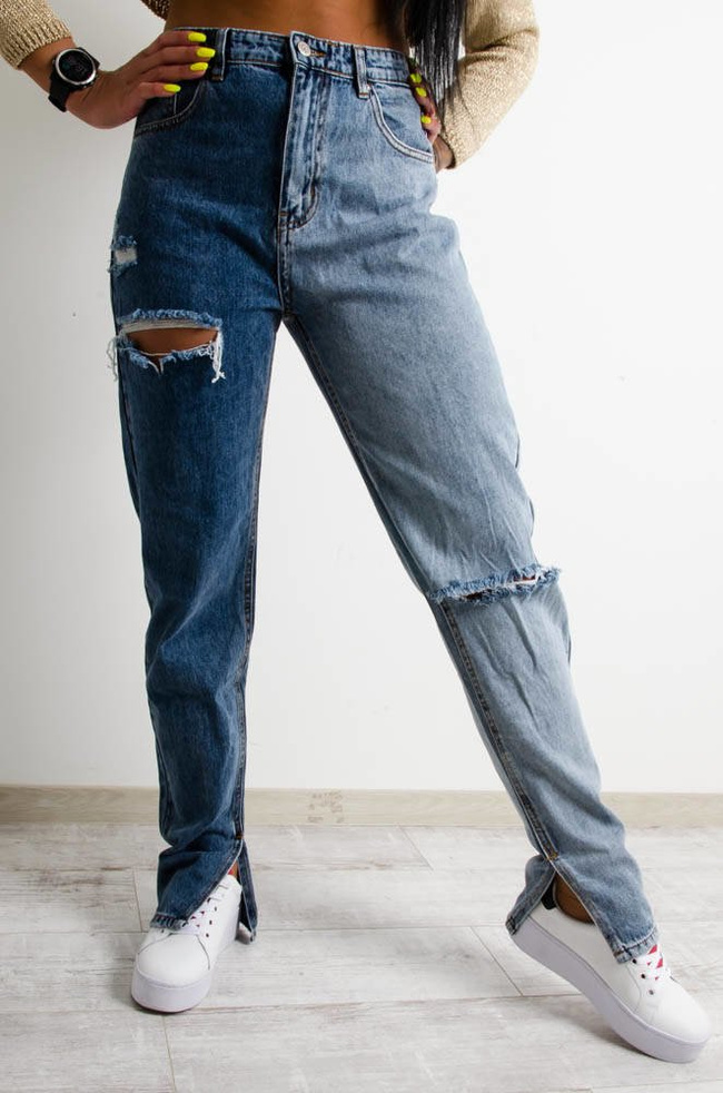 SPODNIE JEANSOWE Z DZIURAMI  I ROZCIĘCIEM NA NOGAWCE - WYSOKI STAN 