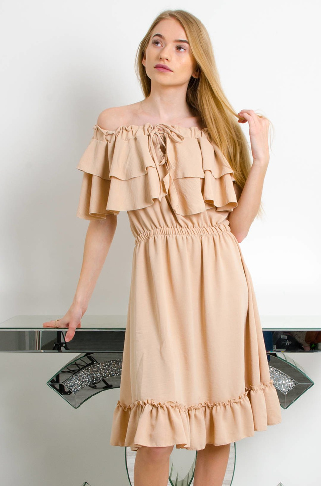 BEŻOWA SUKIENKA HISZPANKA Z FALBANKĄ