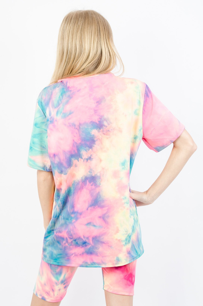 RÓŻOWY KOMPLET T-SHIRT + KOLARKI Z EFEKTEM TIE DYE
