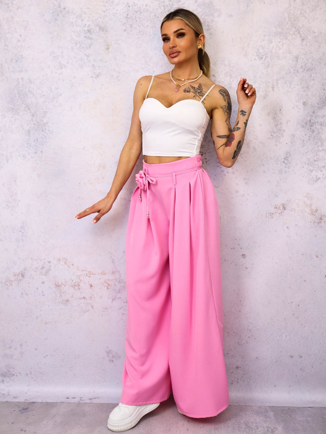 SPODNIE MATERIAŁOWE Z SZEROKIMI NOGAWKAMI I WIĄZANIEM W PASIE- RÓŻOWY