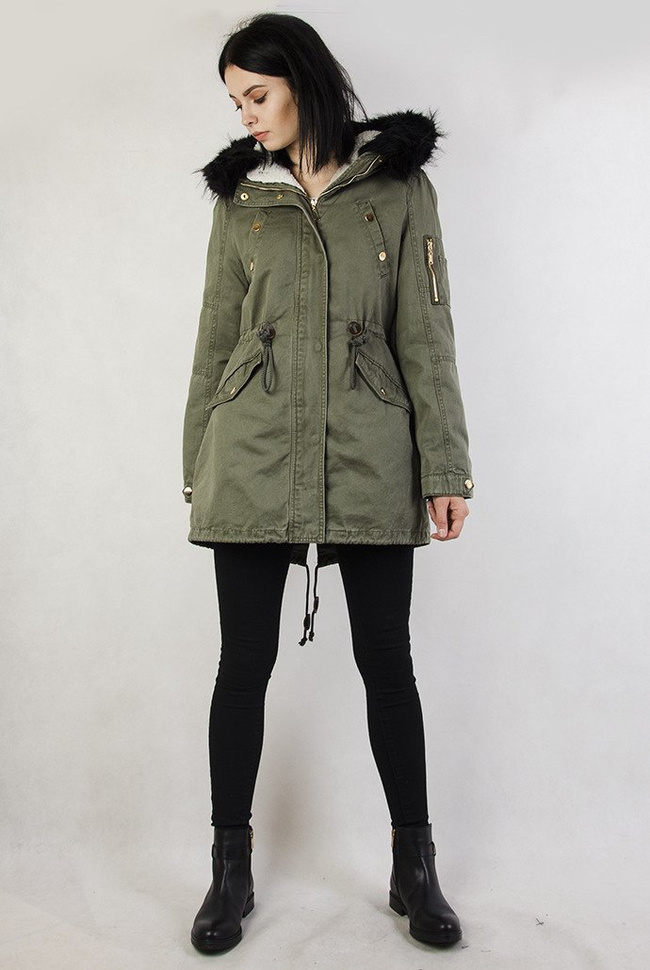 Khaki kurtka parka z czarnym futerkiem