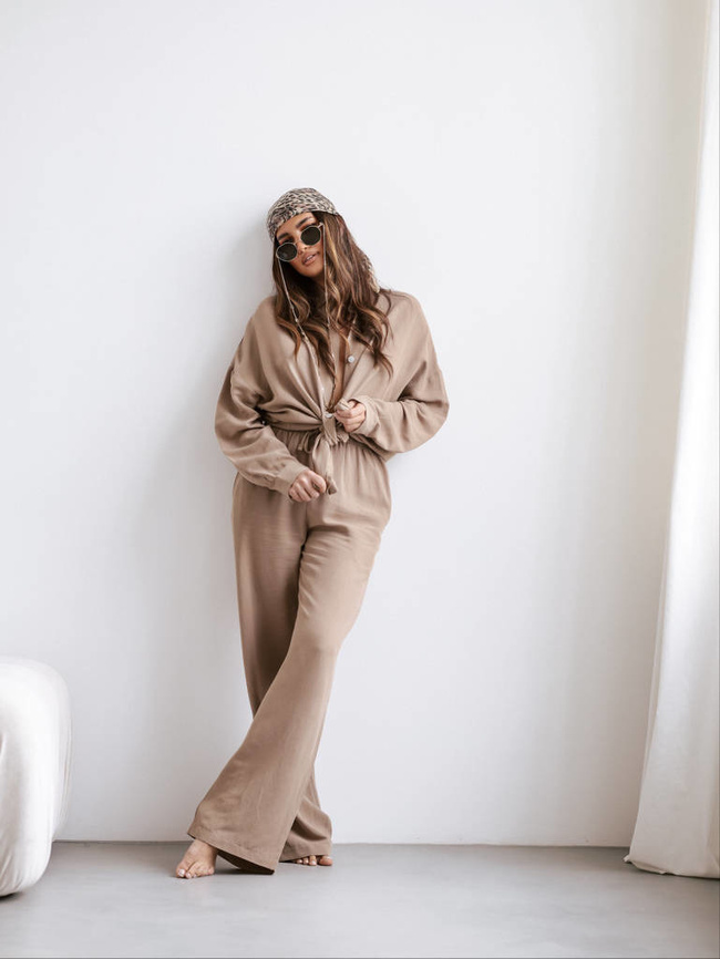 LNIANY KOMPLET KOSZULA+ SPODNIE- BRĄZOWY