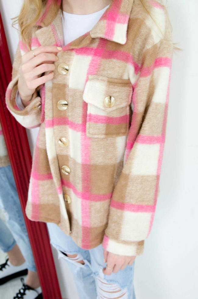 RÓŻOWY PŁASZCZ KOSZULA W KRATĘ 