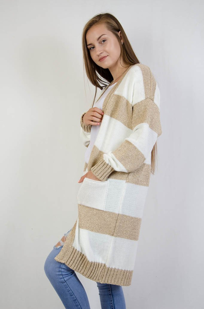 Długi biało-złoty sweter w paski