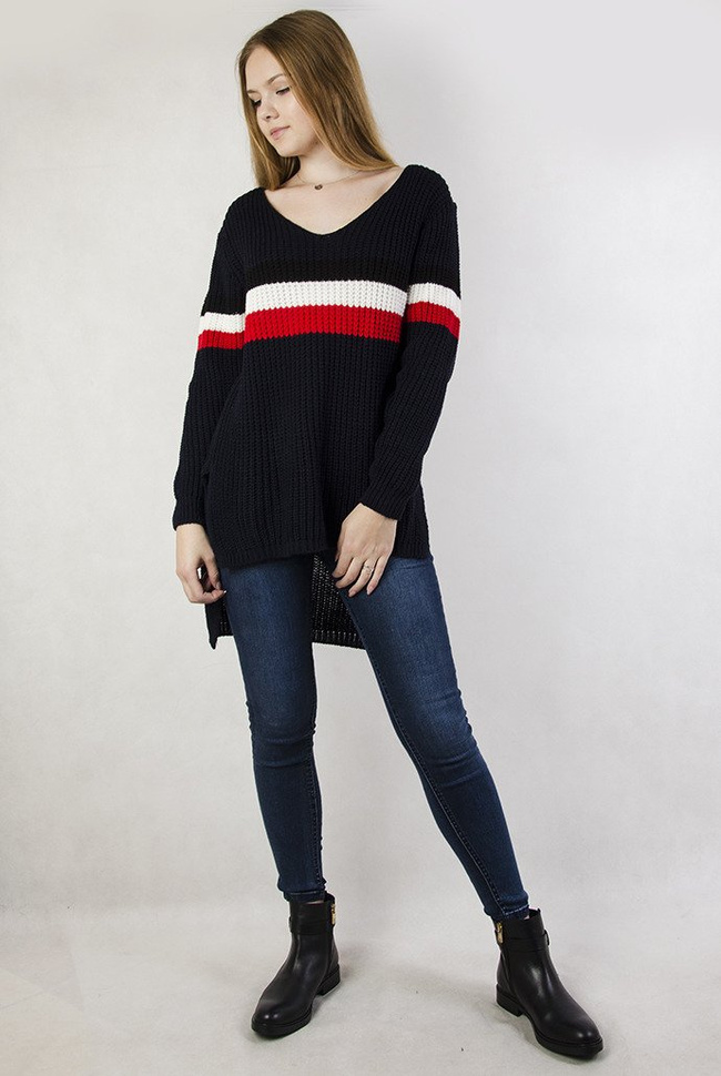 Granatowy, asymetryczny sweter z paskami