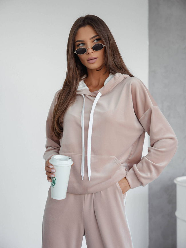 KOMPLET WELUROWY BLUZA+ SPODNIE Z KONTRASTOWYMI LAMPASAMI- BEŻOWY