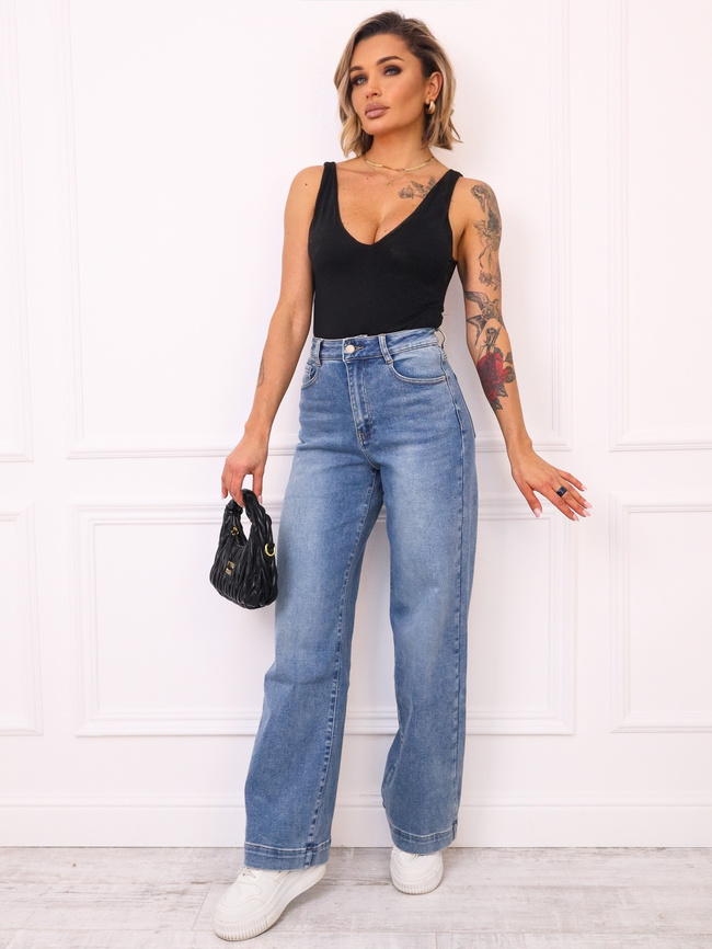 SPODNIE JEANSOWE Z ROZSZERZANYMI NOGAWKAMI I WYSOKIM STANEM-NIEBIESKIE