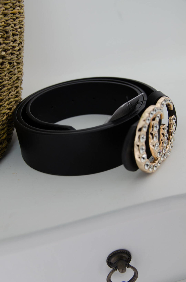 CZARNY SZEROKI PASEK -ZŁOTA KLAMERKA Z CYRKONIAMI