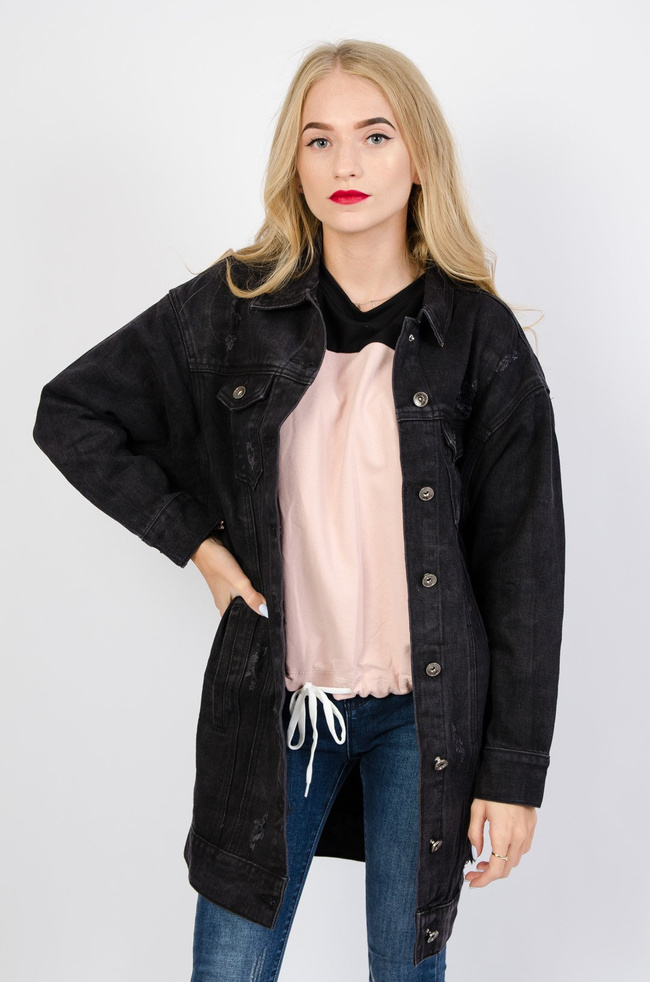 Długa czarna kurtka jeansowa z przetarciami