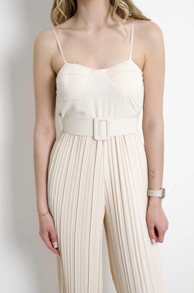 KOMBINEZON GORSETOWY Z PLISOWANYMI NOGAWKAMI BEŻOWY