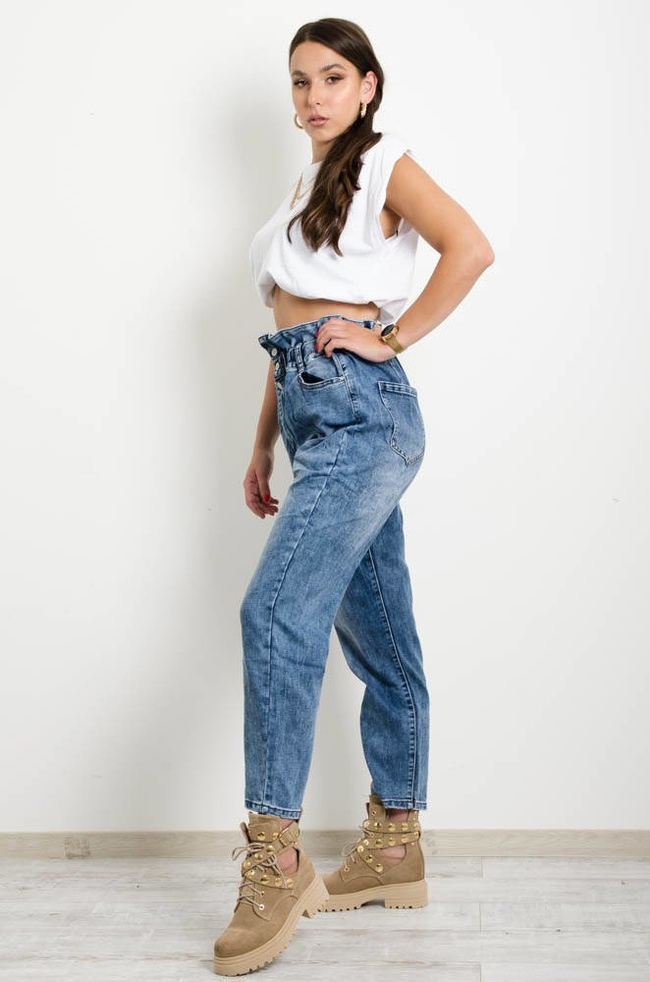 SPODNIE JEANSOWE BAGGY Z GUMĄ W PASIE-WYSOKI STAN