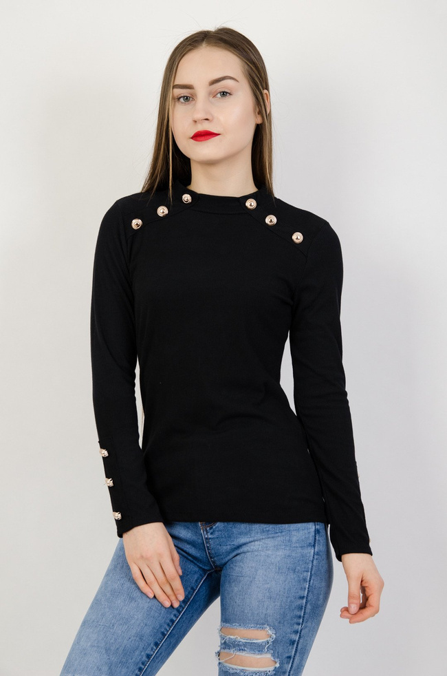 Czarna prążkowana bluzka ze złotymi guzikami