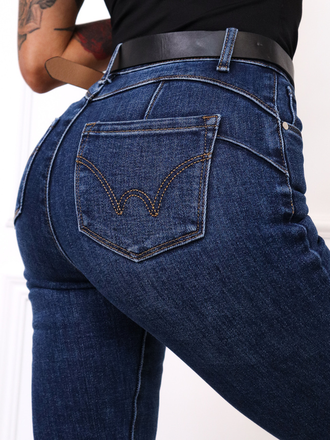 SPODNIE JEANSOWE SKINNY PUSH UP+ PASEK - GRANATOWE