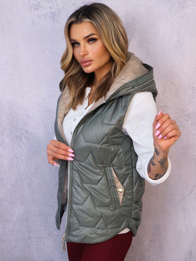 KAMIZELKA ASYMETRYCZNA Z KONTRASTOWYM KAPTUREM- ZIELONA