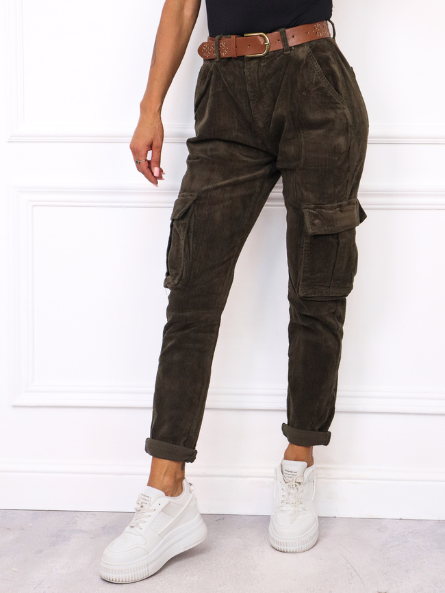 SPODNIE SZTRUKSOWE BOJÓWKI Z PASKIEM- KHAKI