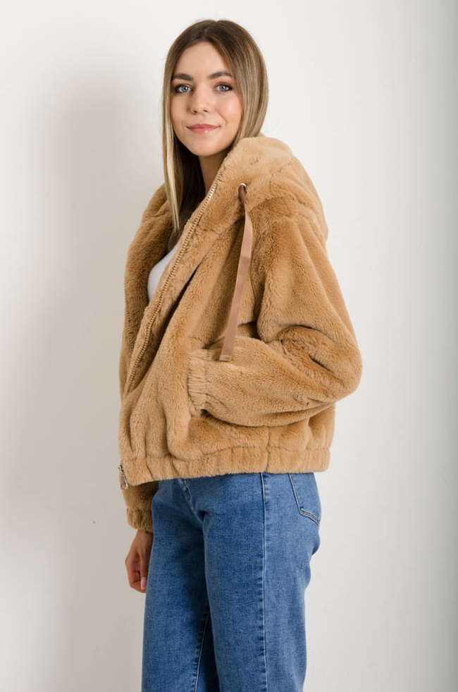 BRĄZOWA FUTRZANA KURTKA Z KAPTUREM