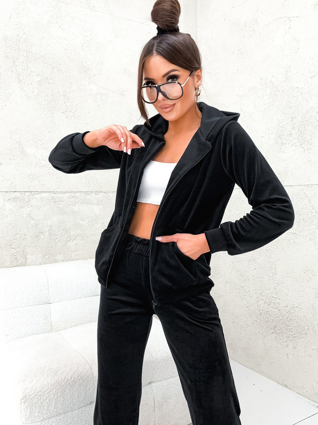 WELUROWY KOMPLET BLUZA ROZPINANA+ SPODNIE Z SZEROKIMI NOGAWKAMI- CZARNY