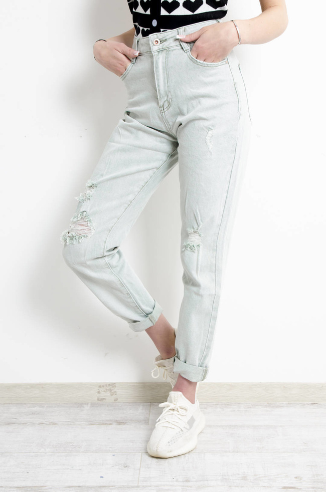 SPODNIE JEANSOWE MOM FIT Z DZIURAMI- ZIELONE