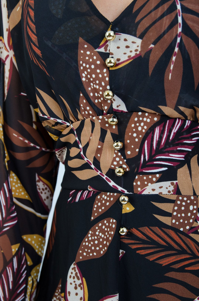 CZARNA SUKIENKA W KWIATY ZE ZŁOTYMI GUZIKAMI