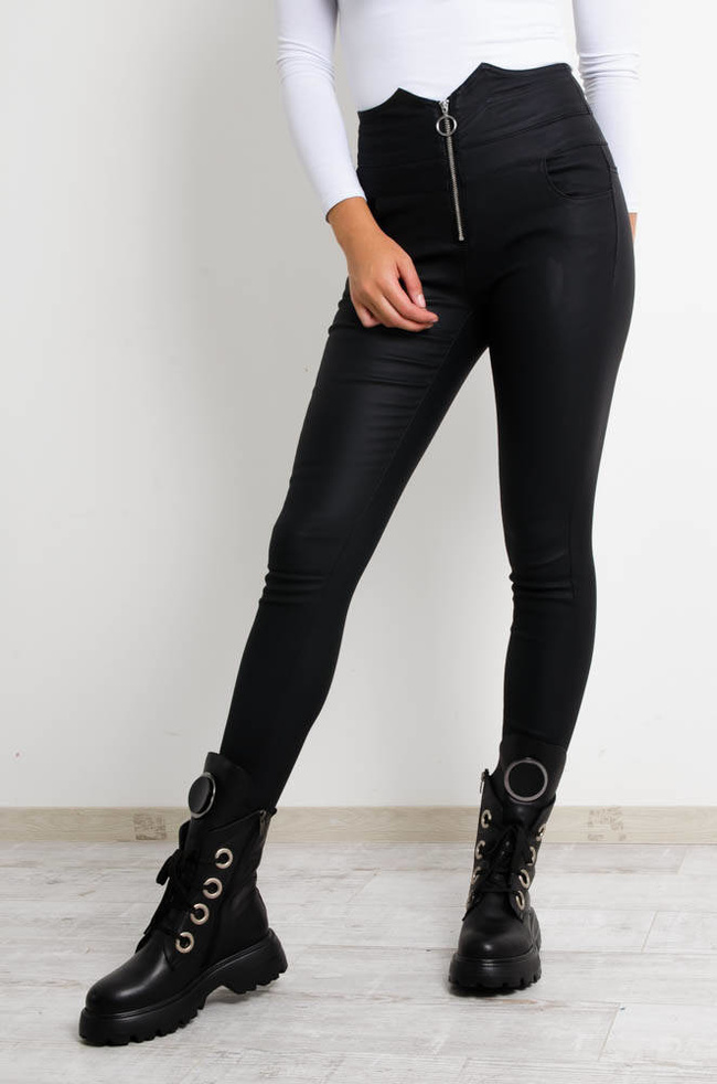 CZARNE WOSKOWANE SPODNIE MATOWE Z BARDZO WYSOKIM STANEM