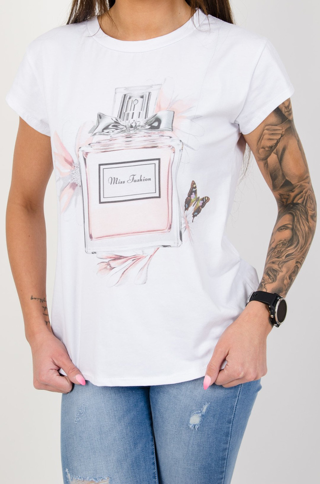 Biały t-shirt z aplikacją butelki perfum