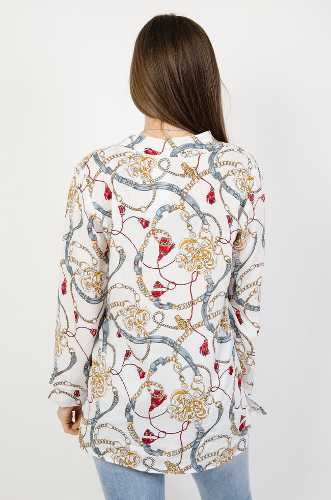 Biała bluzka koszulowa w kolorowe wzory 