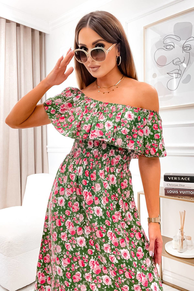 SUKIENKA HISZPANKA MIDI W KWIATOWY WZÓR- ZIELONA