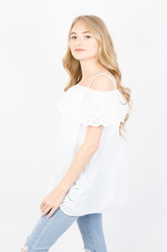 Biała bluzka hiszpanka z ażurowymi wstawkami