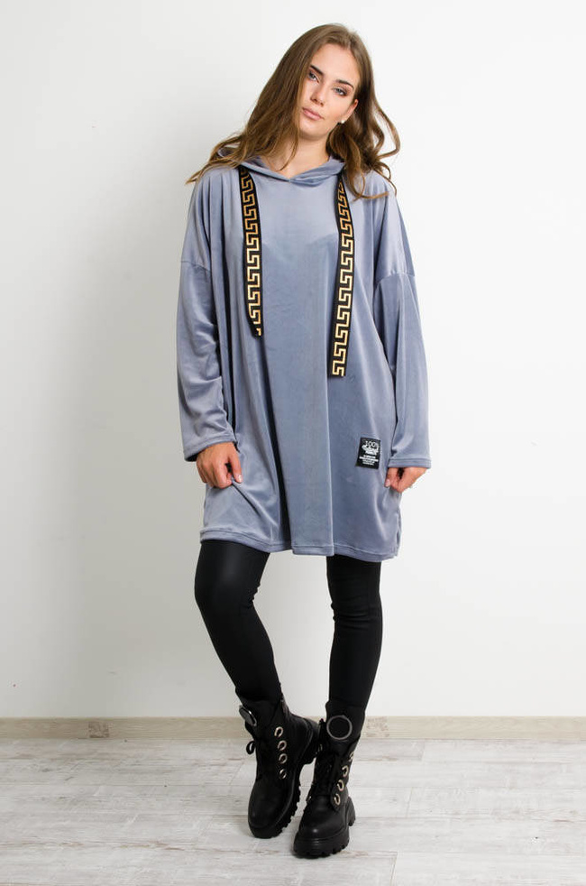 SZARA WELUROWA SUKIENKA Z KAPTUREM