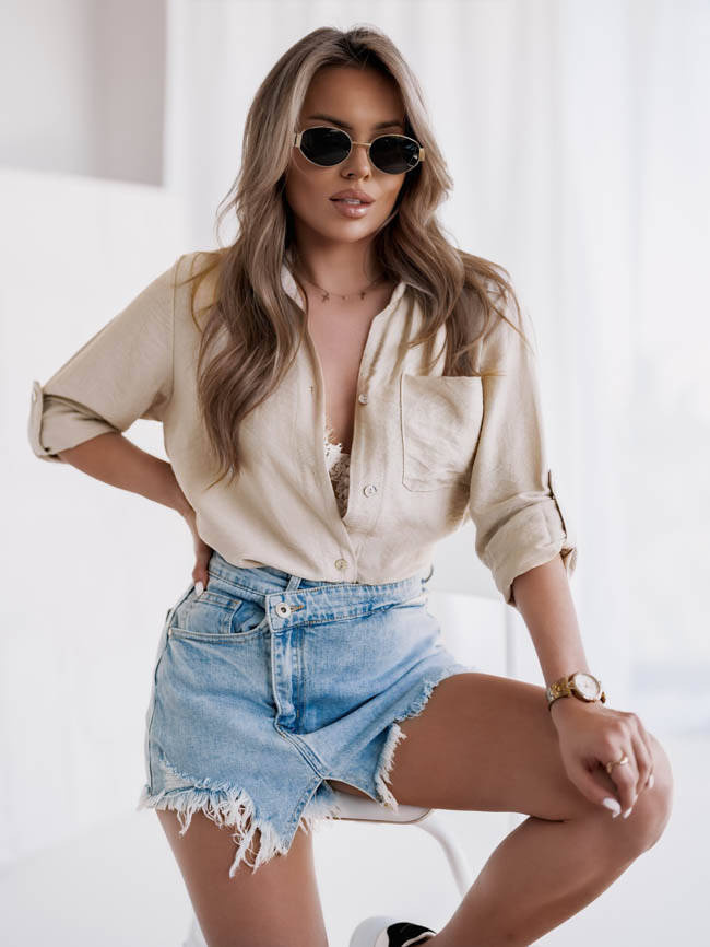 KOSZULA ZAPINANA NA GUZIKI Z KIESZONKĄ Z PRZODU- BEŻOWA