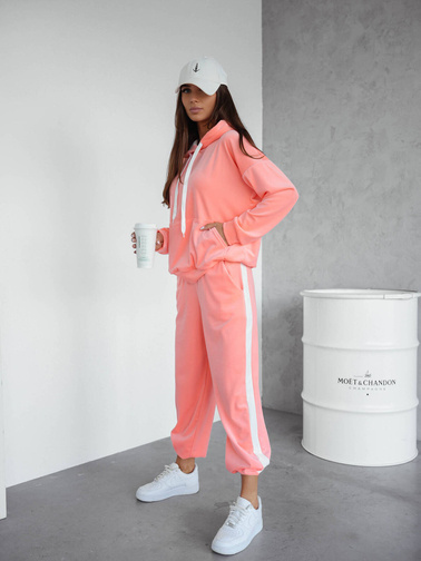 KOMPLET WELUROWY BLUZA+ SPODNIE Z KONTRASTOWYMI LAMPASAMI-BRZOSKWINIOWY