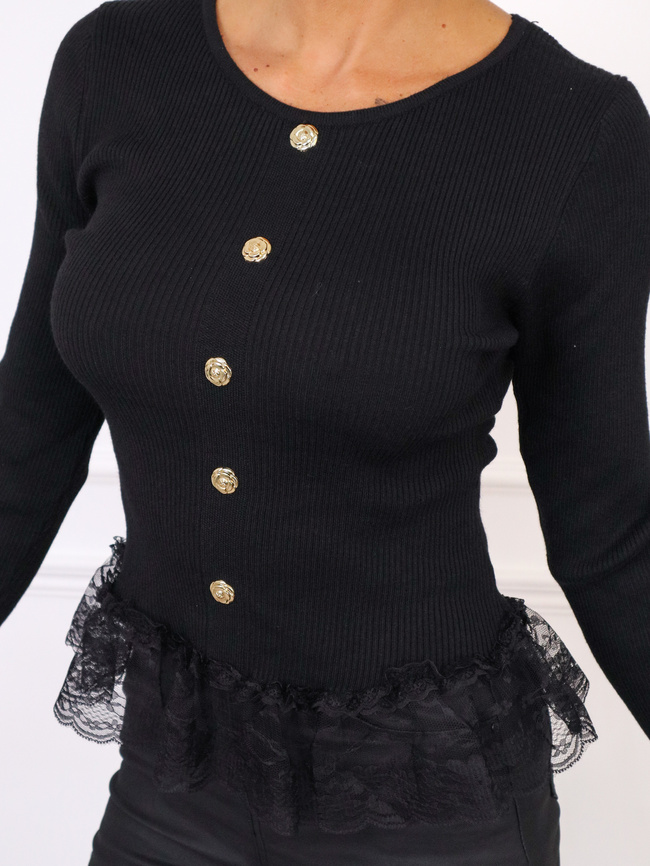 SWETER Z OZDOBNYMI GUZIKAMI ZAKOŃCZONY KORONKĄ- CZARNY