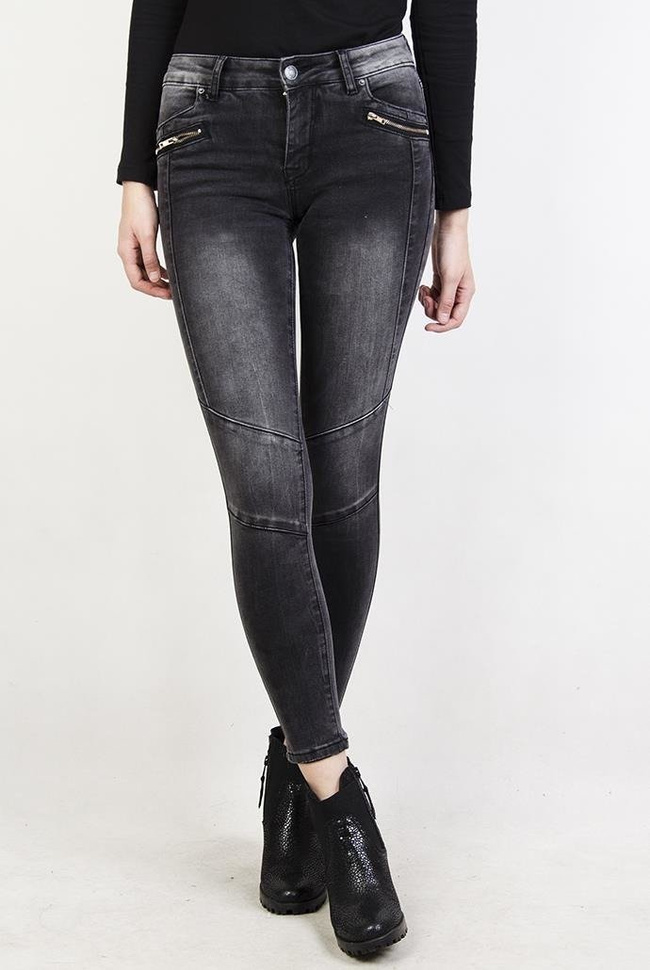 Szare spodnie rurki jeansowe z zamkami i przeszyciami