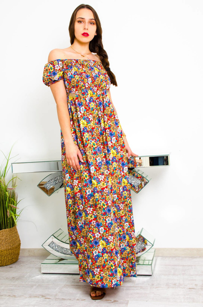 CZERWONA DŁUGA SUKIENKA HISZPANKA W KWIATY