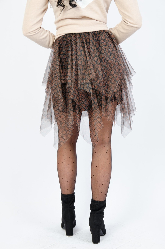 BRĄZOWO-CZARNA SPÓDNICA TIULOWA MINI Z ELASTYCZNYM PASEM