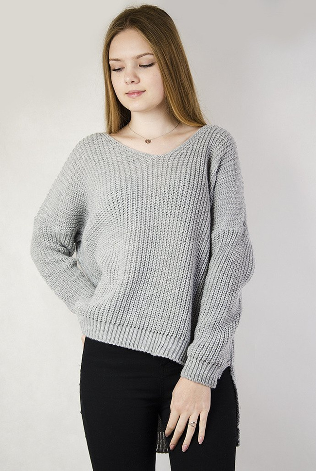 Asymetryczny, szary sweter z dekoltem "V"