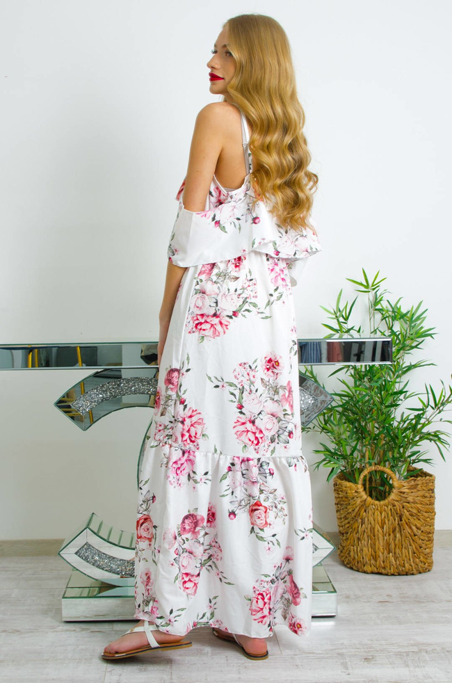 DŁUGA BIAŁA SUKIENKA W KWIATY NA CIENKICH RAMIĄCZKACH MAXI