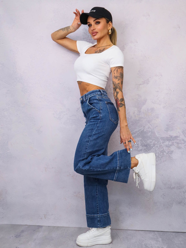 SPODNIE JEANSOWE Z SZEROKIMI NOGAWKAMI- CIEMNOJEANSOWE