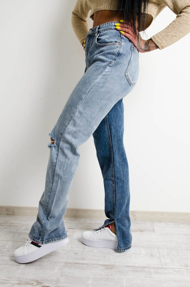 SPODNIE JEANSOWE Z DZIURAMI I ROZCIĘCIEM NA NOGAWCE - WYSOKI STAN