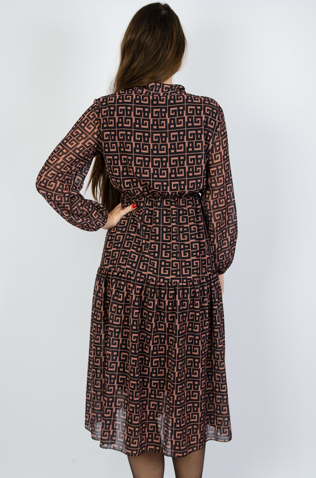 Czarno brązowa sukienka midi z gumką w pasie