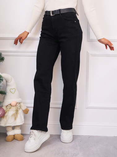SPODNIE JEANSOWE O PROSTYM KROJU I WYSOKIM STANEM + PASEK PLUS SIZE- CZARNE